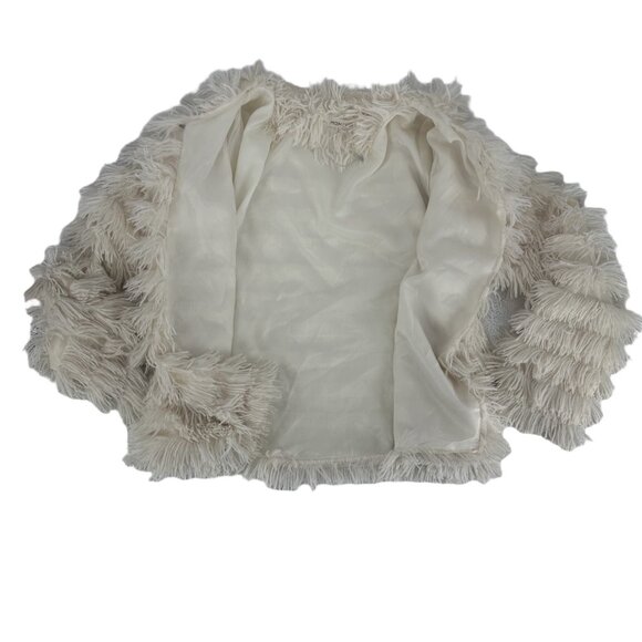 Main Strip Ivory Faux Fur Shag Fringe Jacket Size M - Picture 5 of 7